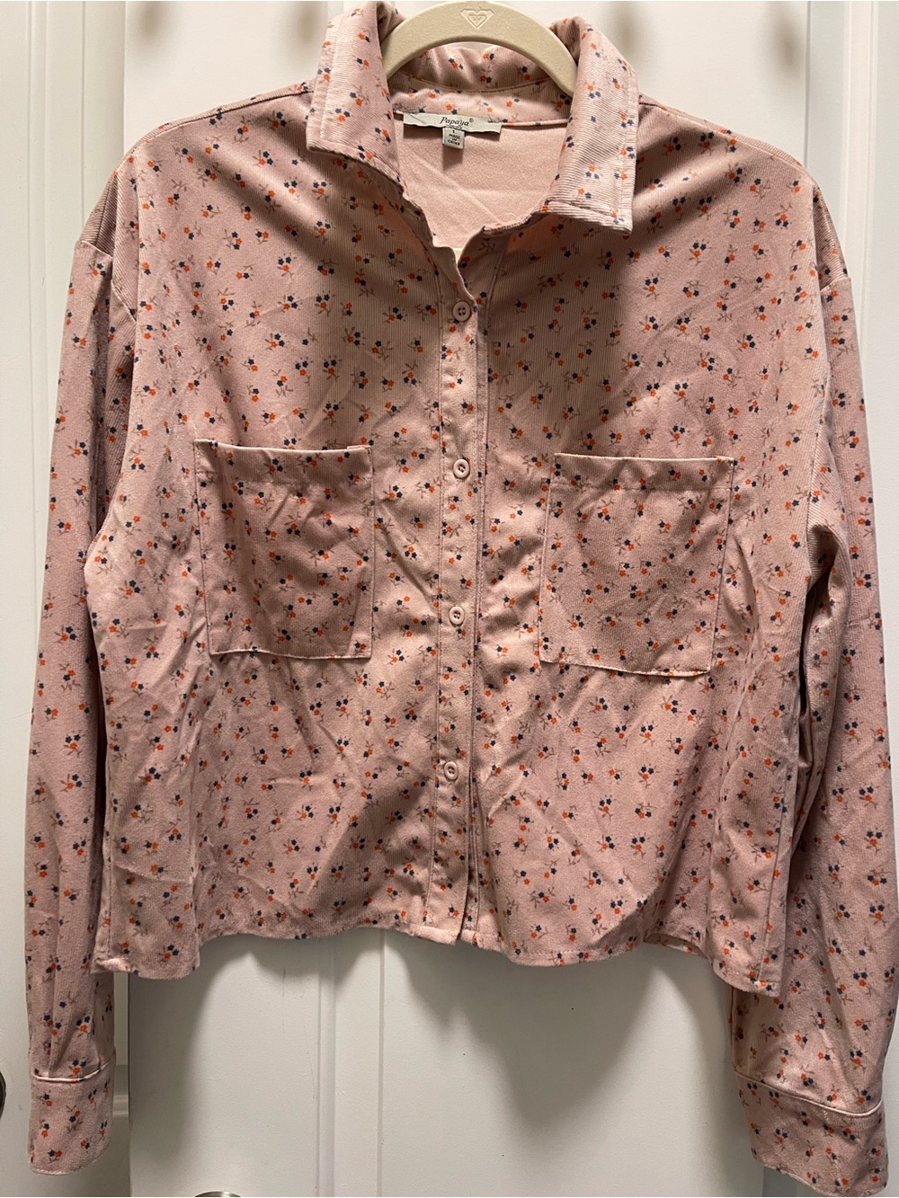 Papaya Women’s L Floral Button Up Shirt Pink Boho Cottagecore Utility Pocket LS